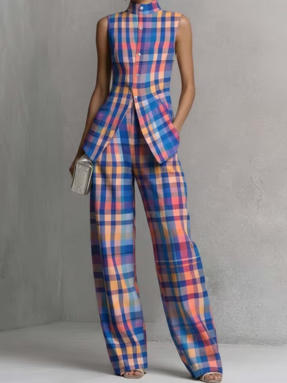 Women's Spring And Summer Colorful Plaid Stand Collar Sleeveless Waist-Cinching